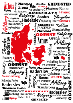 Plakat - Danmarkskort og bynavne - sort/rød