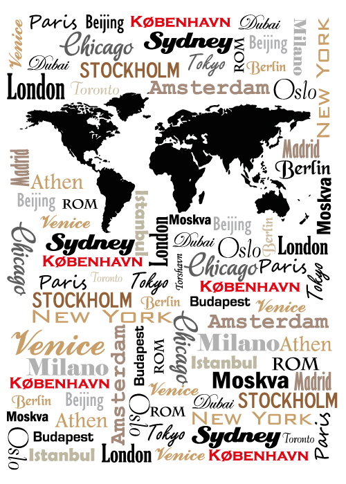 Plakat - Verdenskort med navne på byer - sort/rød/beige
